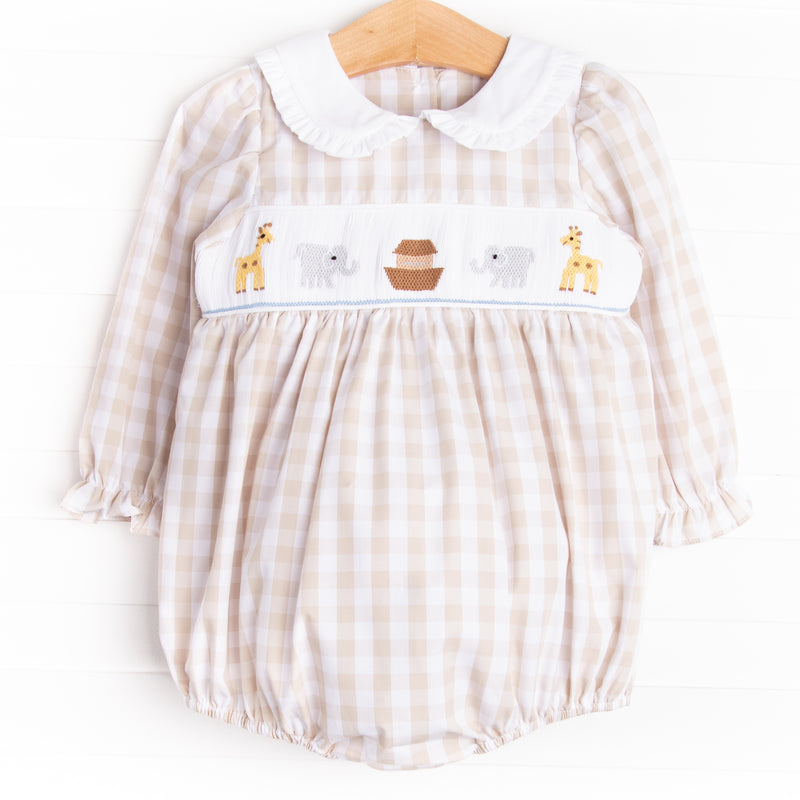 Noah's Ark Smocked Ruffle Bubble, Tan – Stitchy Fish