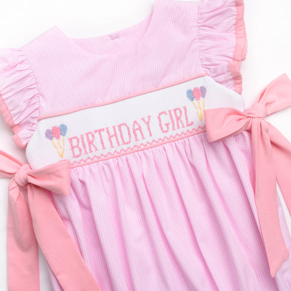 Birthday Girl Smocked Side Tie Bubble, Pink